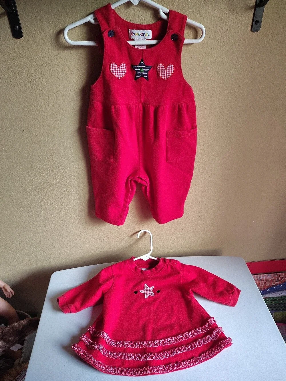 Vintage 90's Gymboree Rainbow Tag Infant Girl's Heart & Star Red Overall Set